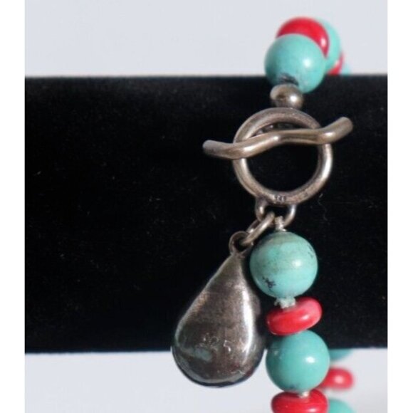 Ladies 925 Sterling Silver Turquoise Blue Red Stone Knot Teardrop Charm Bracelet - Picture 2 of 5